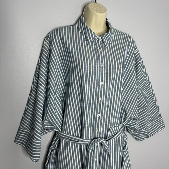 Free People Jess Oversized Shirt Dress Striped Blue Button Front Tie Women's XS - Picture 3 of 15